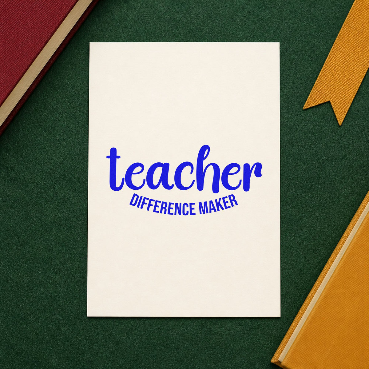 Teacher Difference Maker craft stamp imprinted in blue ink on paper, a design suited to donor thank-you seals.
