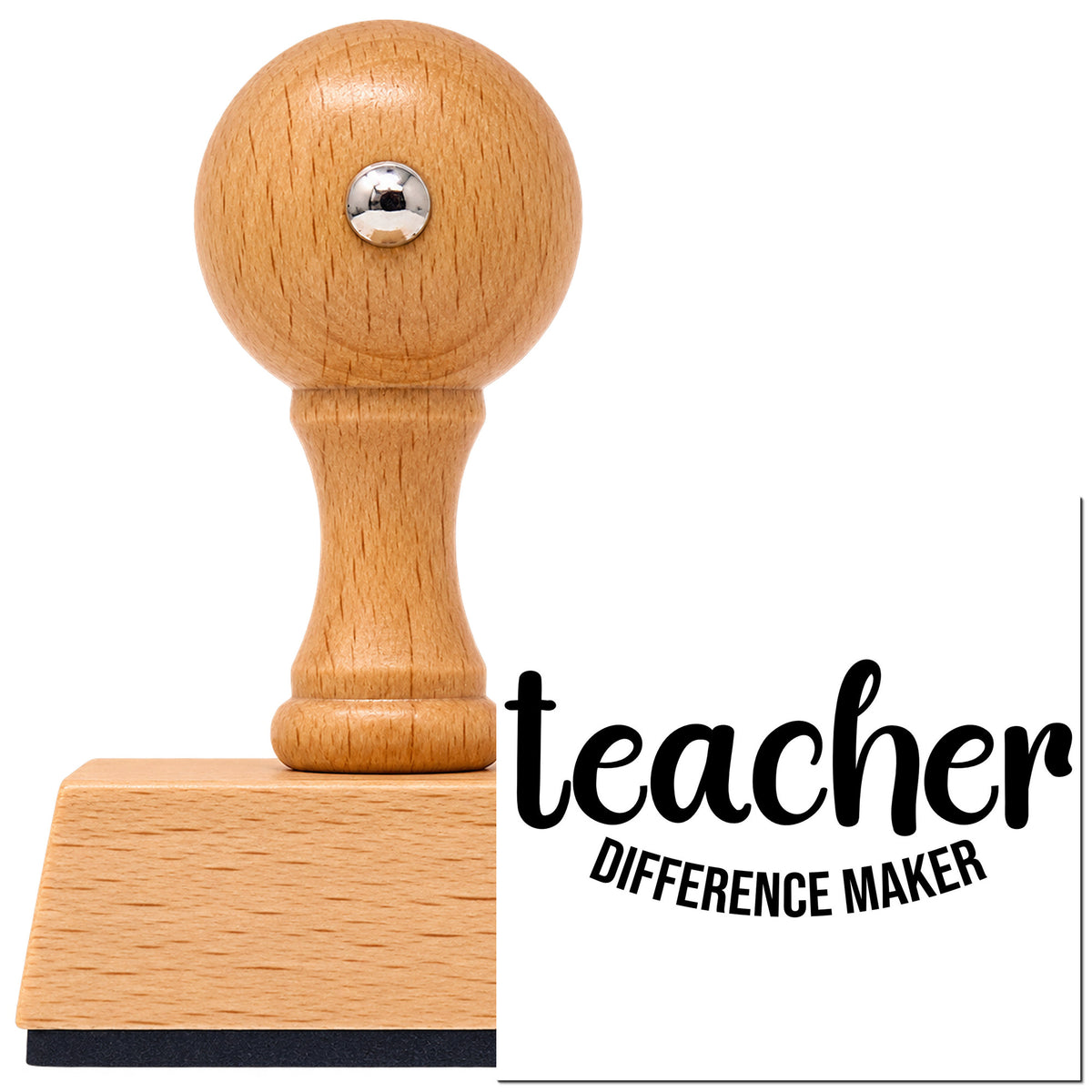 Vintage Pro beech wood stamp with a round knob handle, shown with its black Teacher Difference Maker Lettering imprint on white.