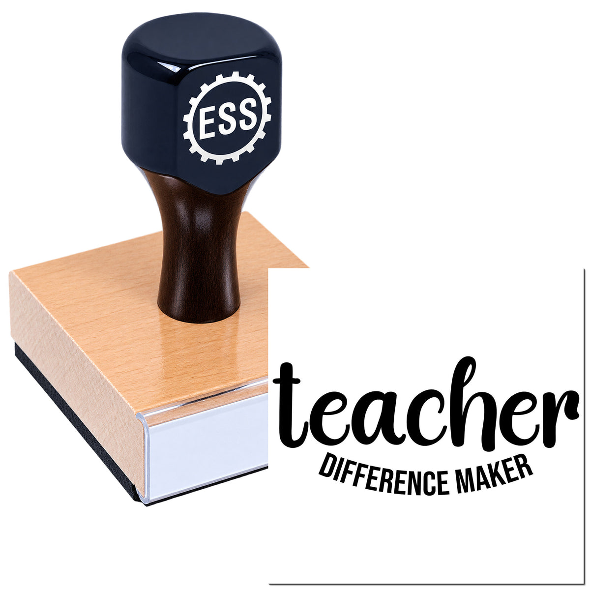 Dark navy ESS teacher stamp and seal on a peach square base, with black "teacher difference maker" branding.