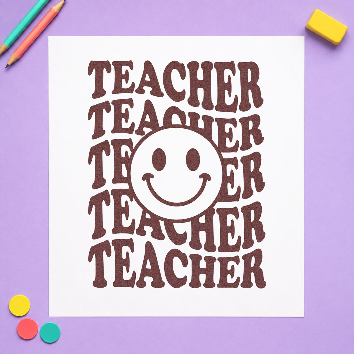 Teacher Smiley Stack rubber stamp printed in brown ink, ready for emoji chart crafts and similar paper crafts.