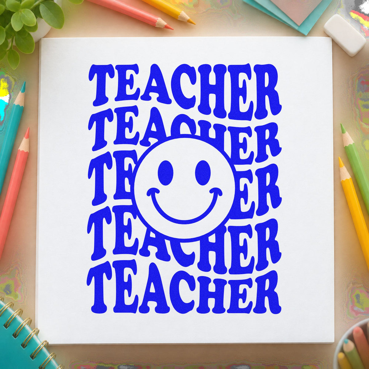 Teacher Smiley Stack craft stamp imprinted in blue ink on paper, a design suited to tumbler wrap labels.