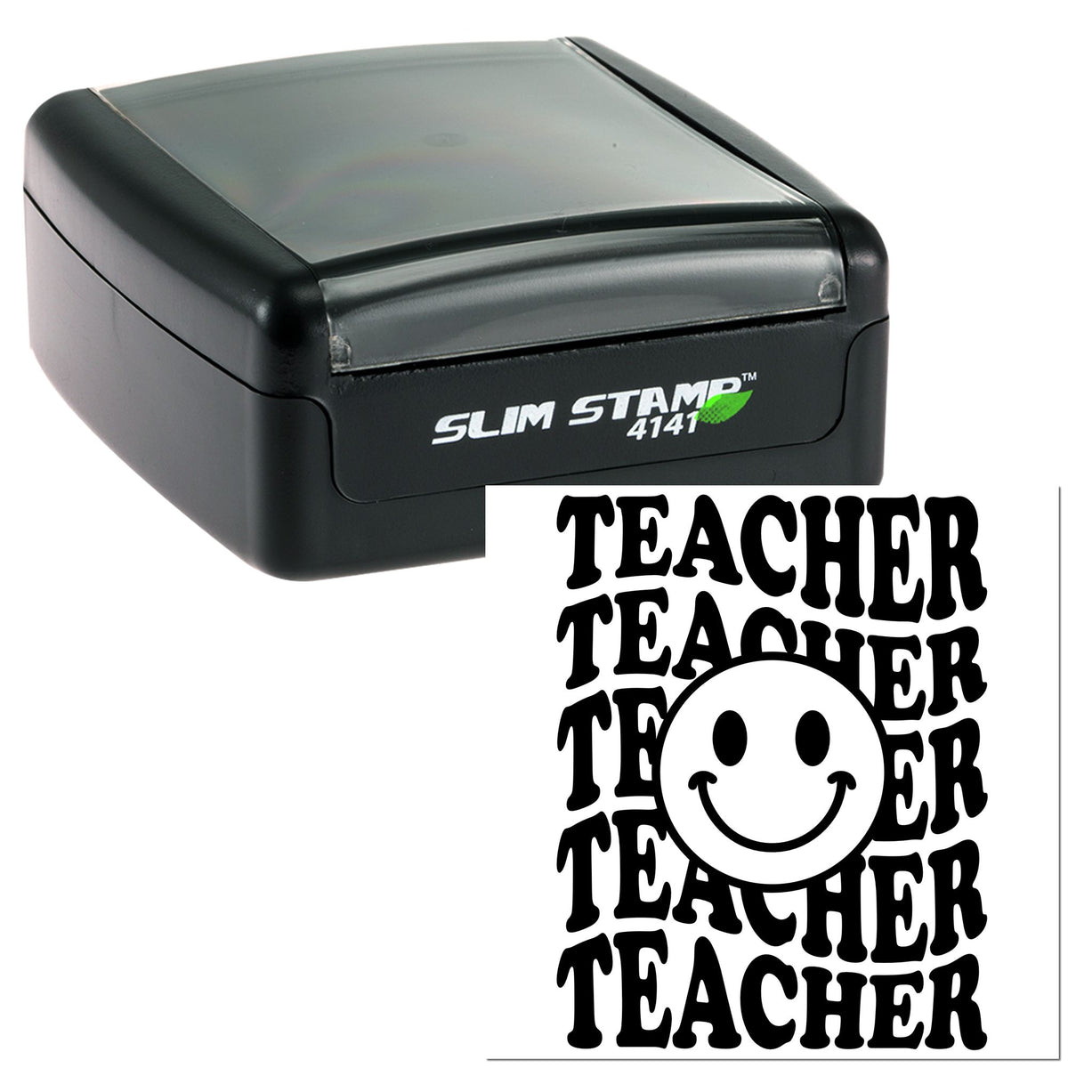 Black Slim Stamp 4141 self-inking teacher stamp with bold TEACHER seal and smiley face design