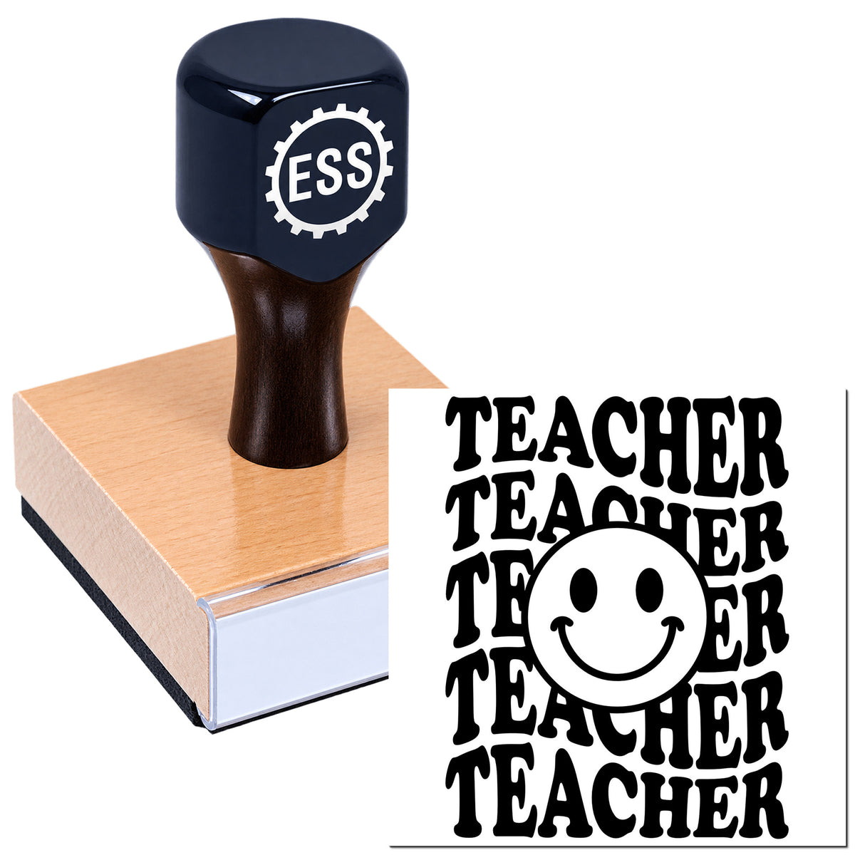 Navy ESS stamp on wooden block beside black Teacher seal with smiley face design