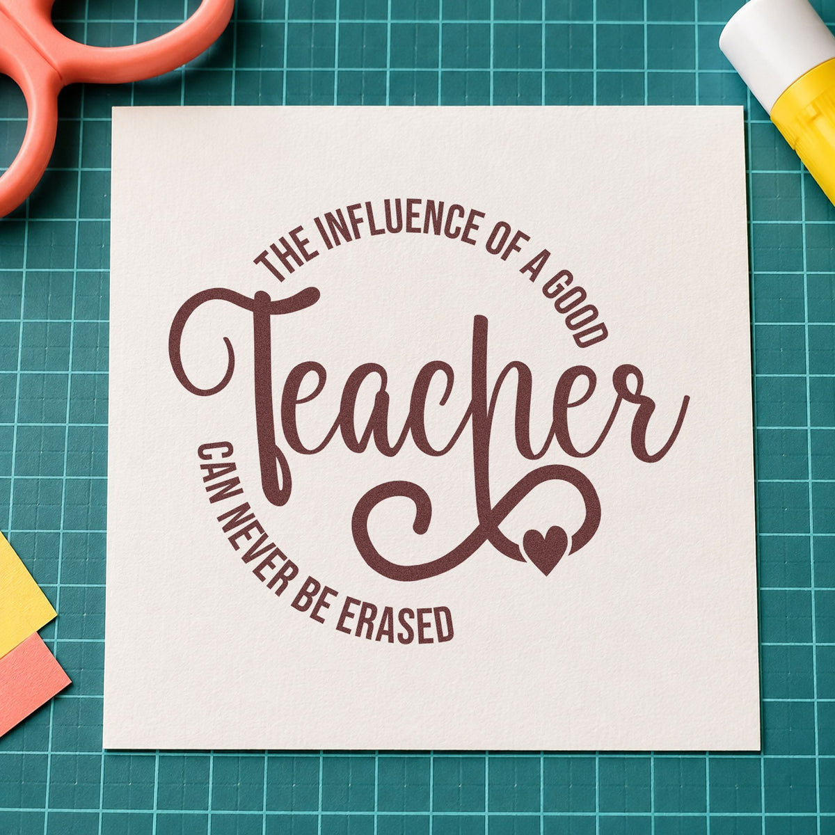 Good Teacher Influence Circle rubber stamp printed in brown ink, ready for clock face crafts and similar paper crafts.