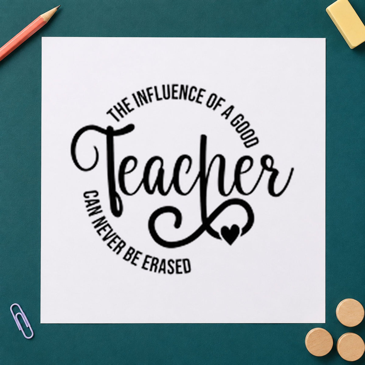 Good Teacher Influence Circle rubber stamp printed in black ink, ready for curved circle cards and similar paper crafts.