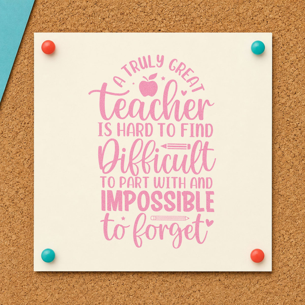 Truly Great Teacher craft stamp in purple ink on cardstock, an easy option for transfer day tags.