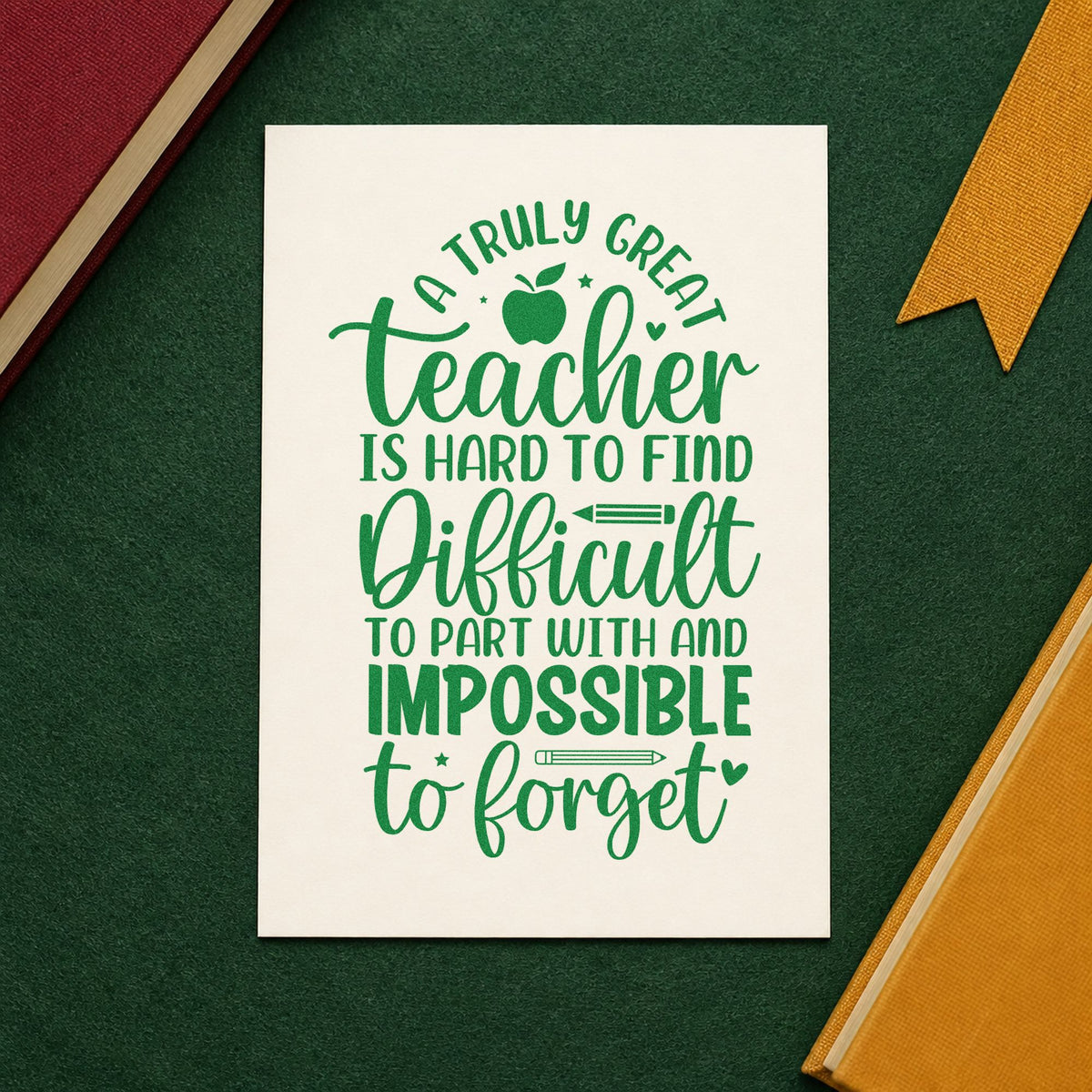Truly Great Teacher craft stamp imprint in green ink on a handmade project, one idea being signature mat pages.