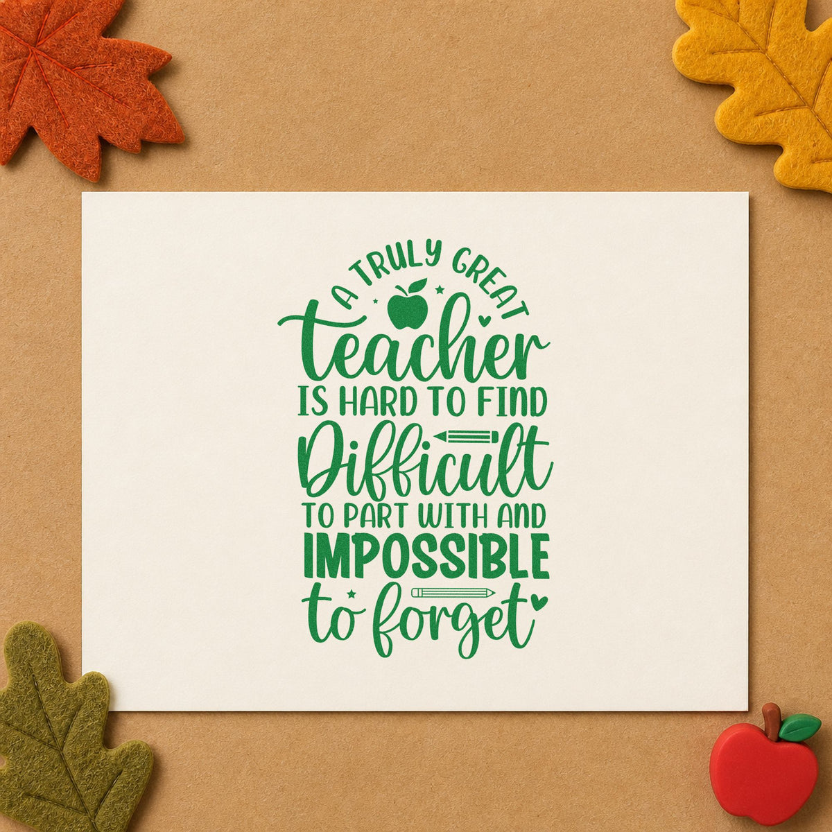Truly Great Teacher craft stamp imprint in green ink on a handmade project, one idea being framed memory shelf.