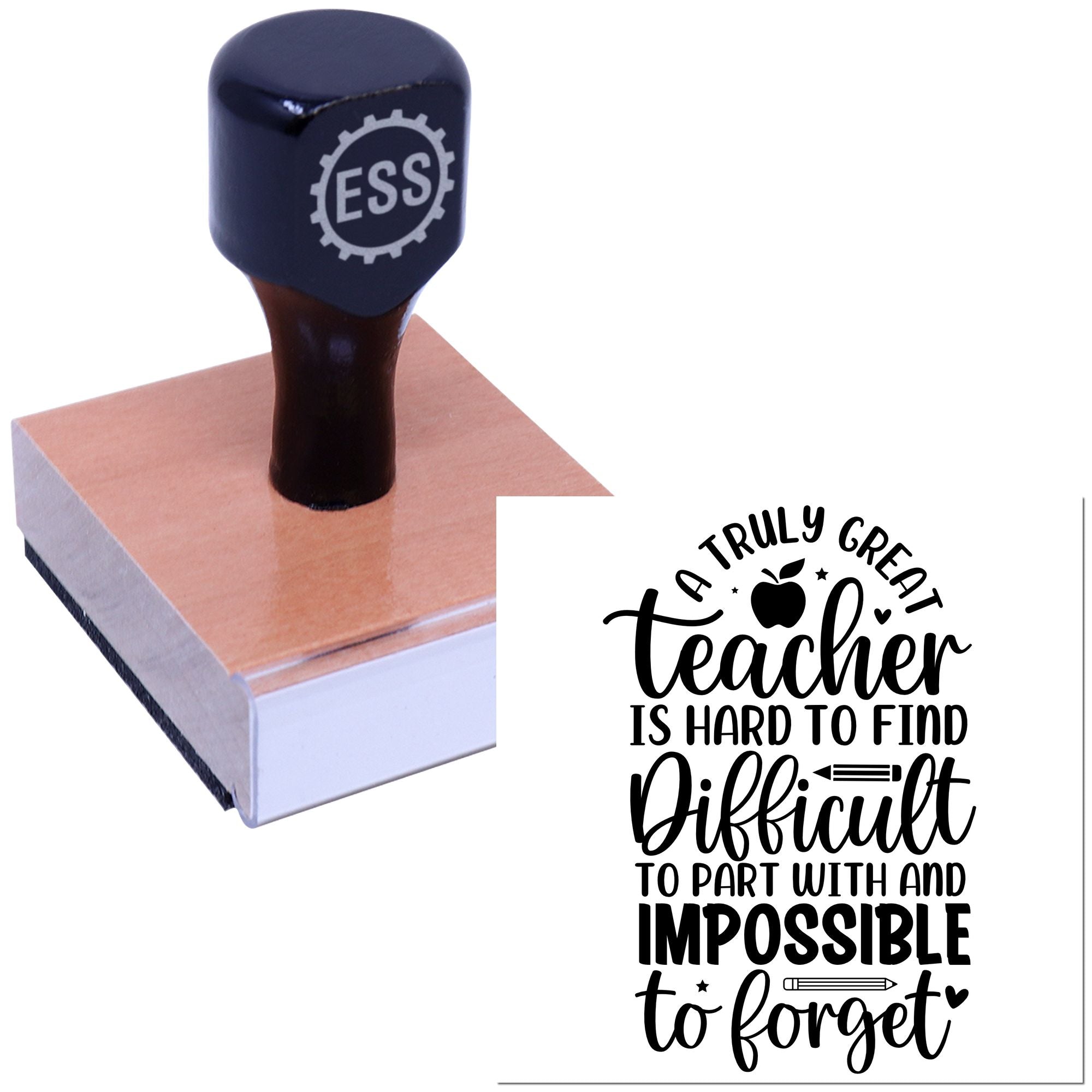 Black ESSL rubber stamp on a wooden base beside a black teacher appreciation seal design on white.