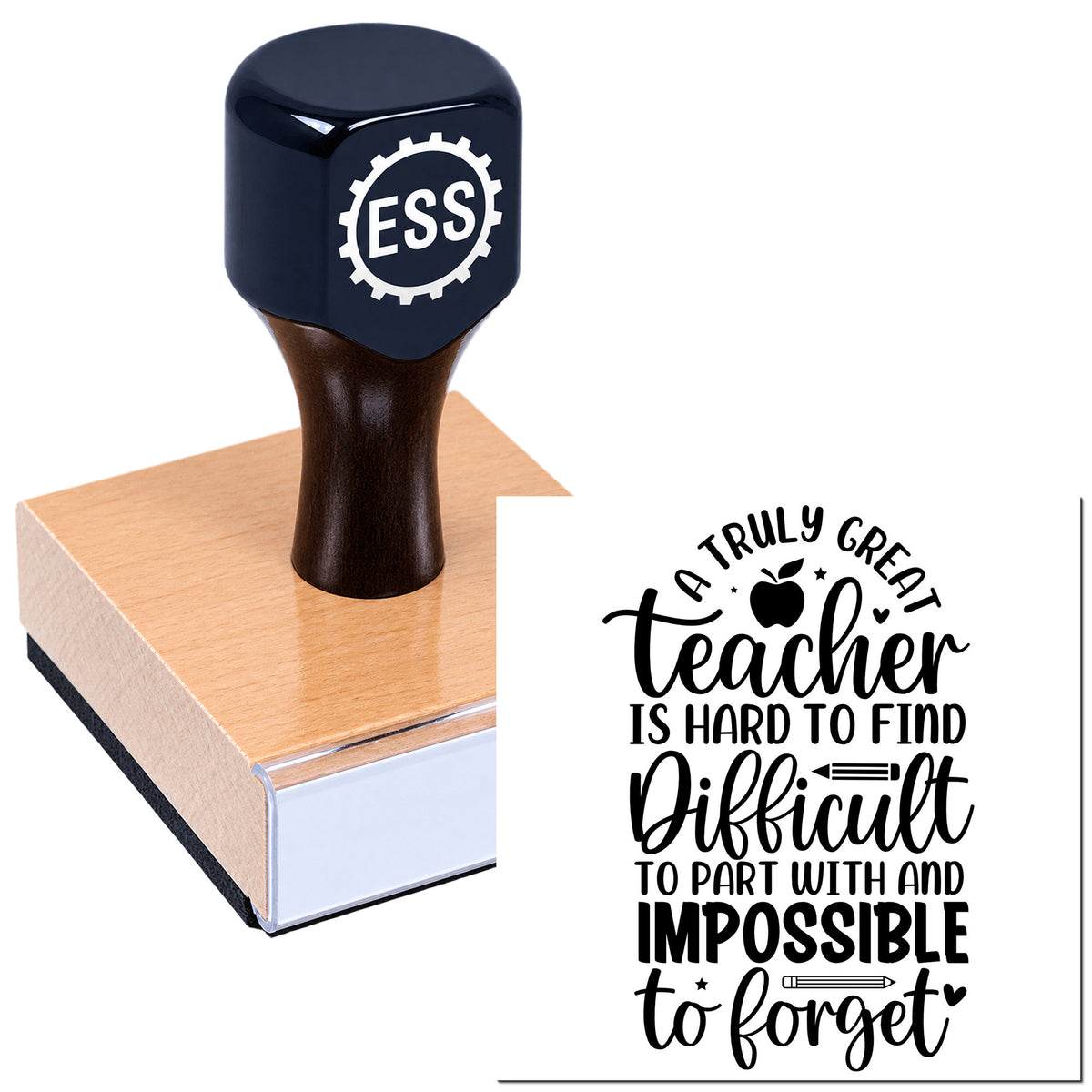 Black ESSL rubber stamp on a wooden base beside a black teacher appreciation seal design on white.