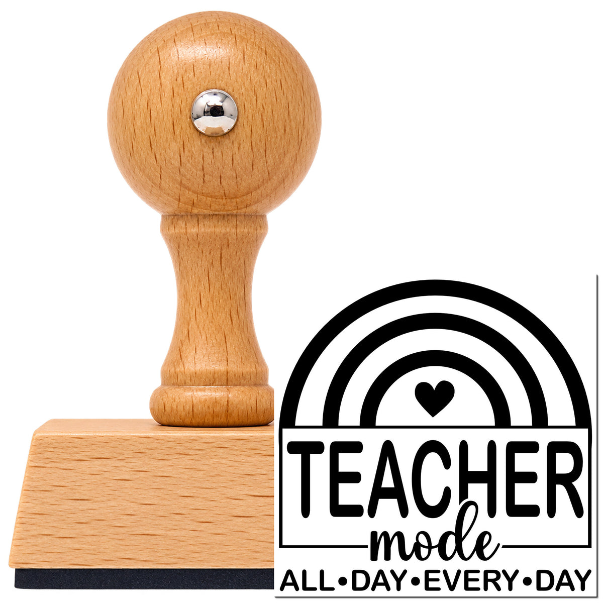 Vintage Pro beech wood stamp with a round knob handle, shown with its black Teacher Mode Rainbow With Hearts imprint on white.