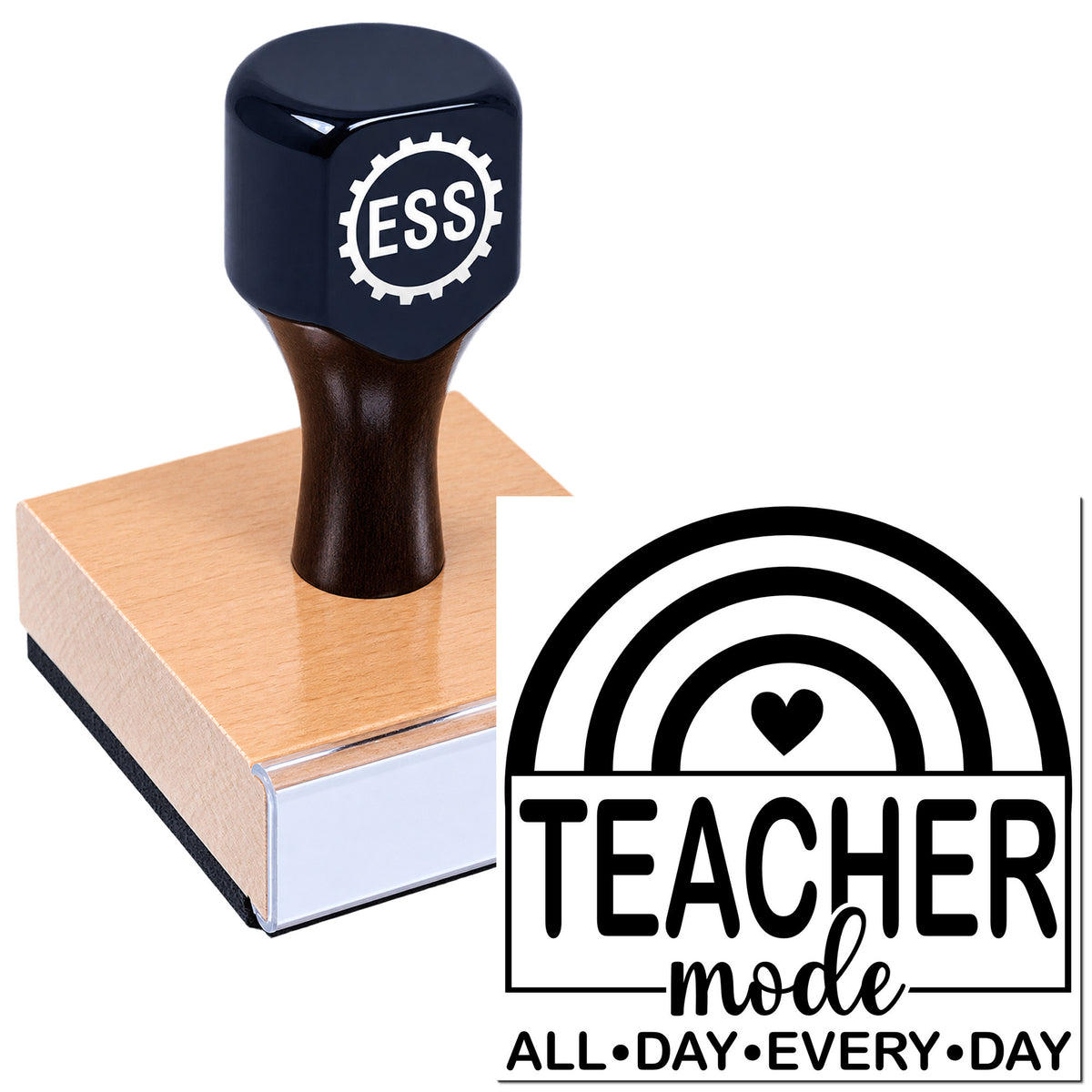 Dark navy ESS self-inking stamp on a wood block next to a black Teacher Mode seal logo.