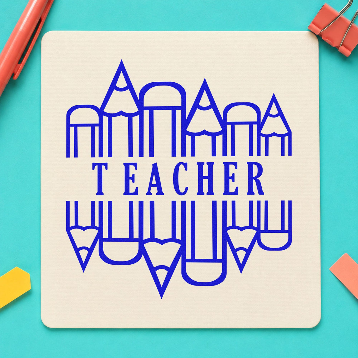 Teacher Pencil Circle craft stamp in blue ink on cardstock, an easy option for pencil roll panels.