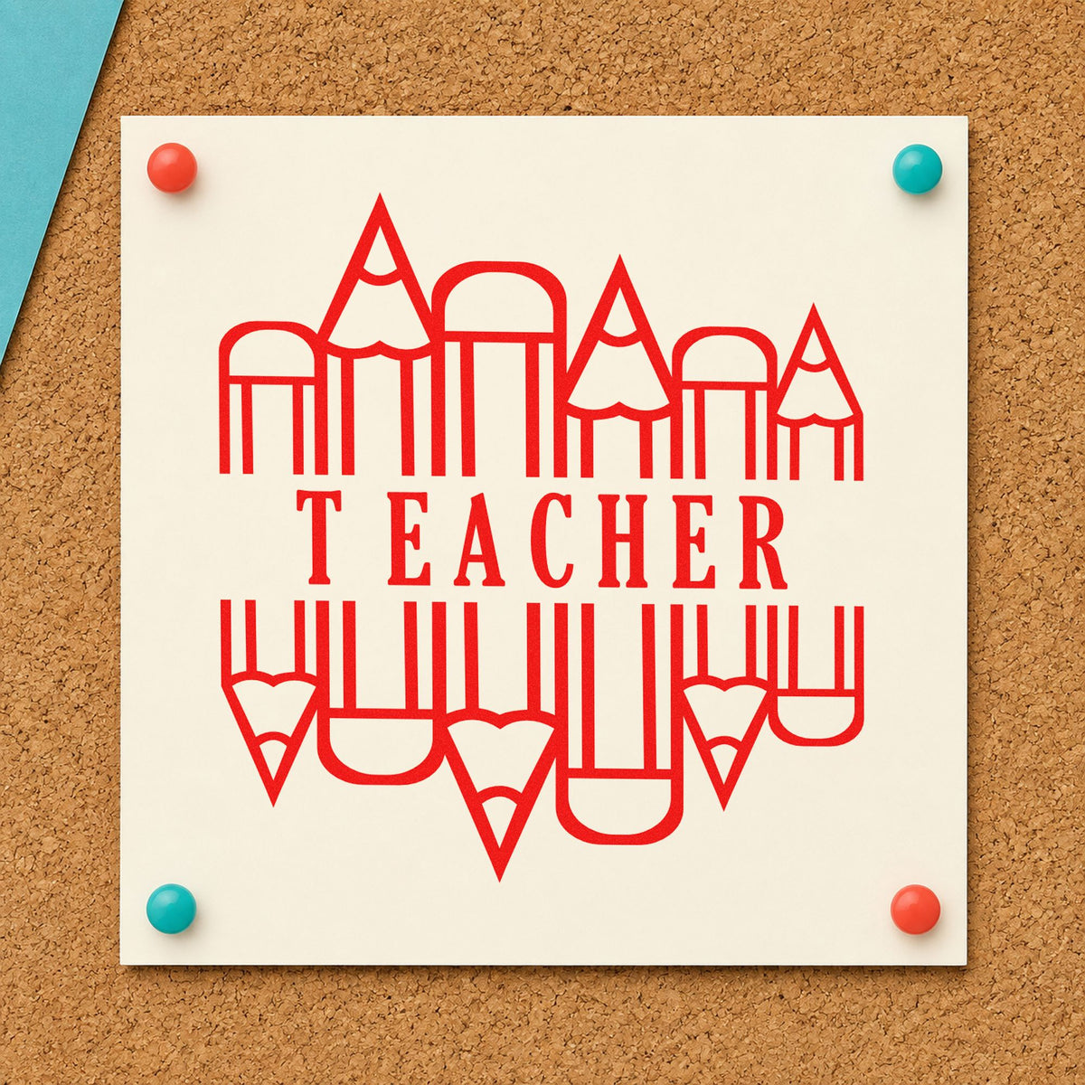Teacher Pencil Circle rubber stamp shown in red ink, stamped for projects such as handwriting award notes.