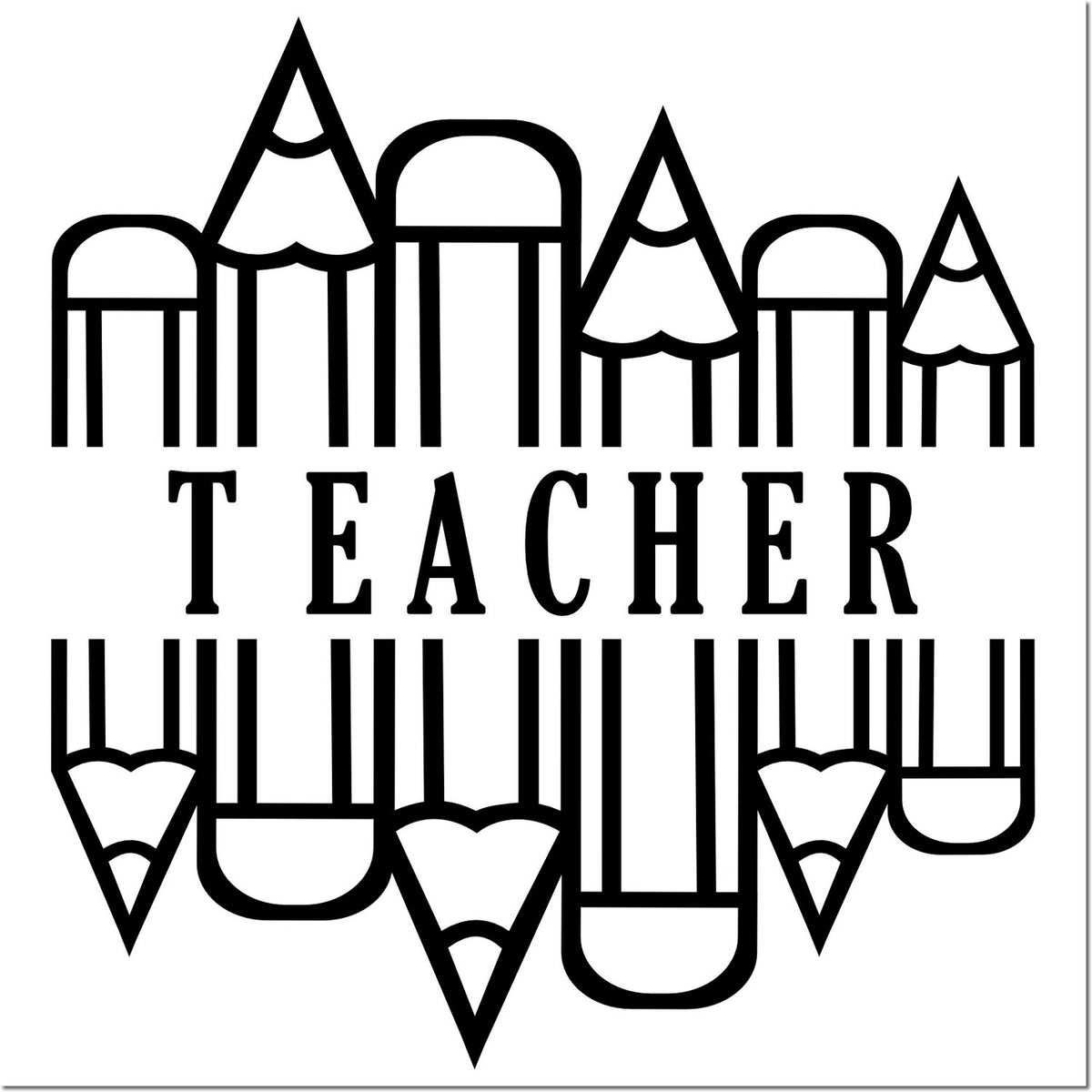 Black teacher stamp/seal design with pencil border, bold serif text, and school-themed outline on white background.