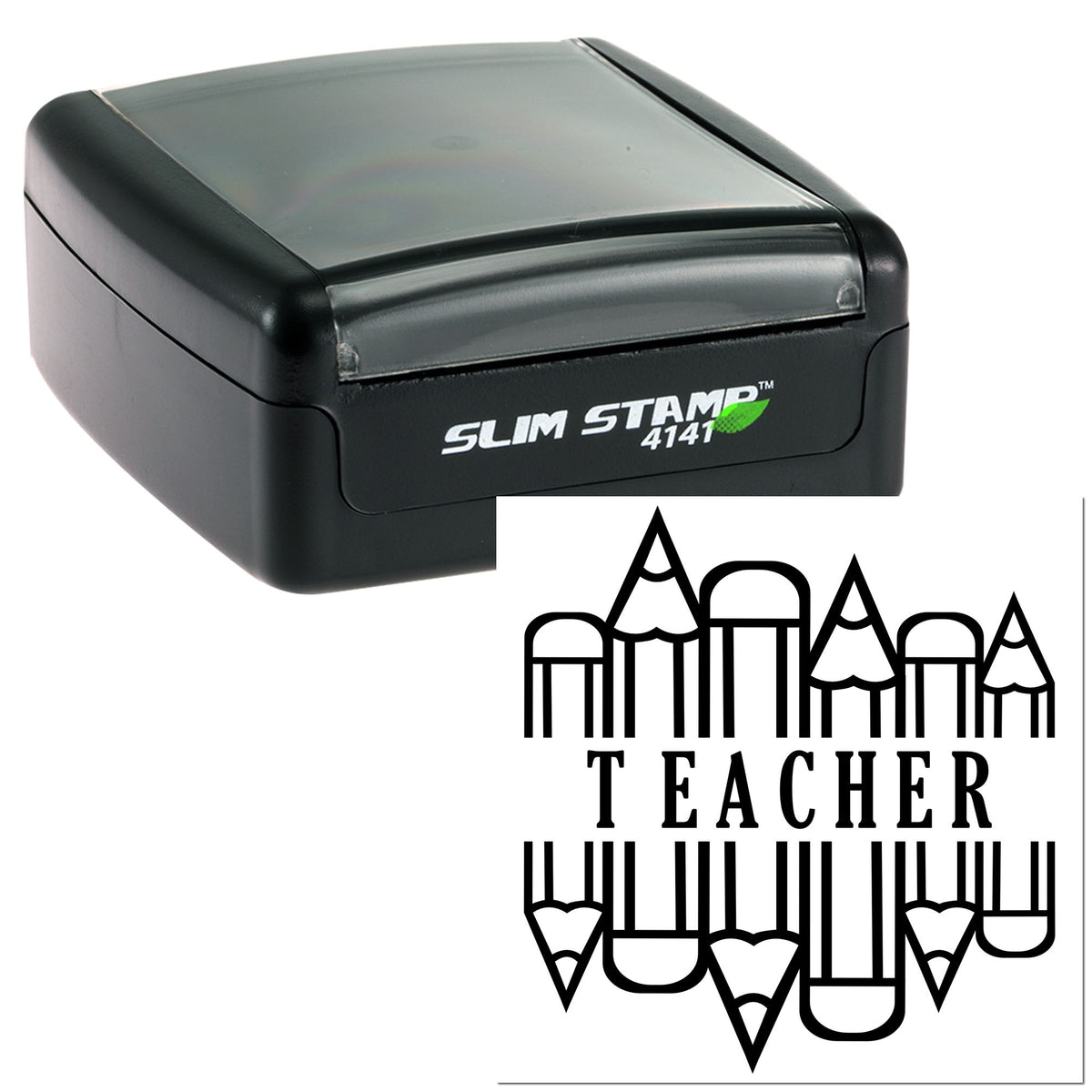 Black self-inking Slim Stamp 4141 with gray clear cap and teacher pencil seal design