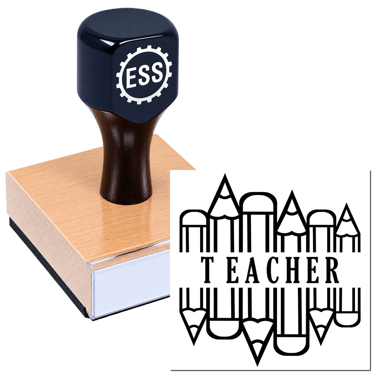 Dark blue ESS rubber stamp on a wooden block beside a black Teacher pencil-shaped seal logo on a white background.