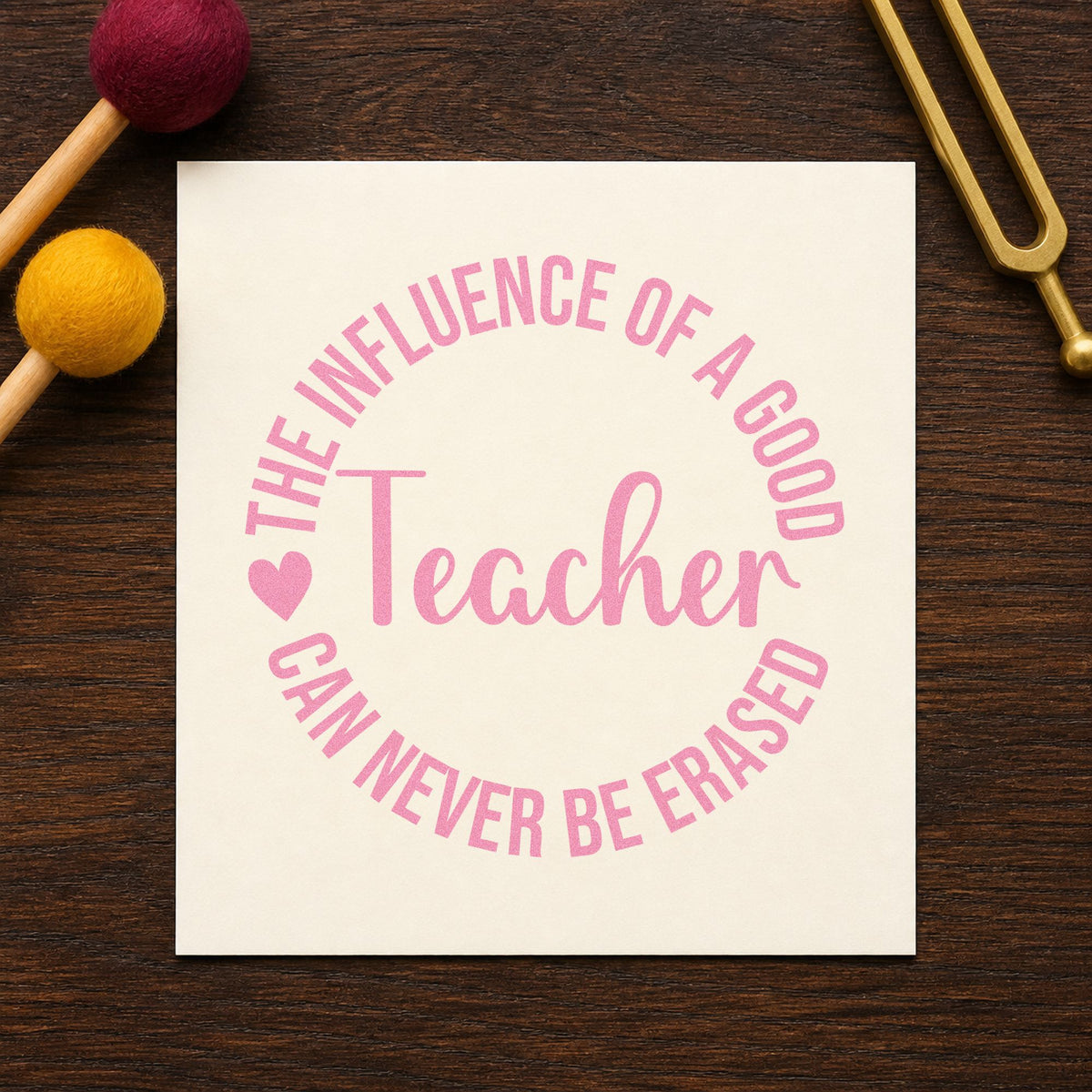 Good Teacher Influence Round craft stamp in purple ink on cardstock, an easy option for farewell book tags.