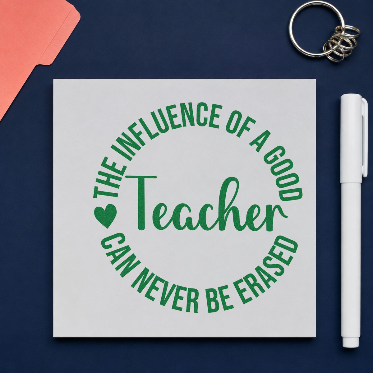 Good Teacher Influence Round craft stamp imprint in green ink on a handmade project, one idea being guest signing pages.