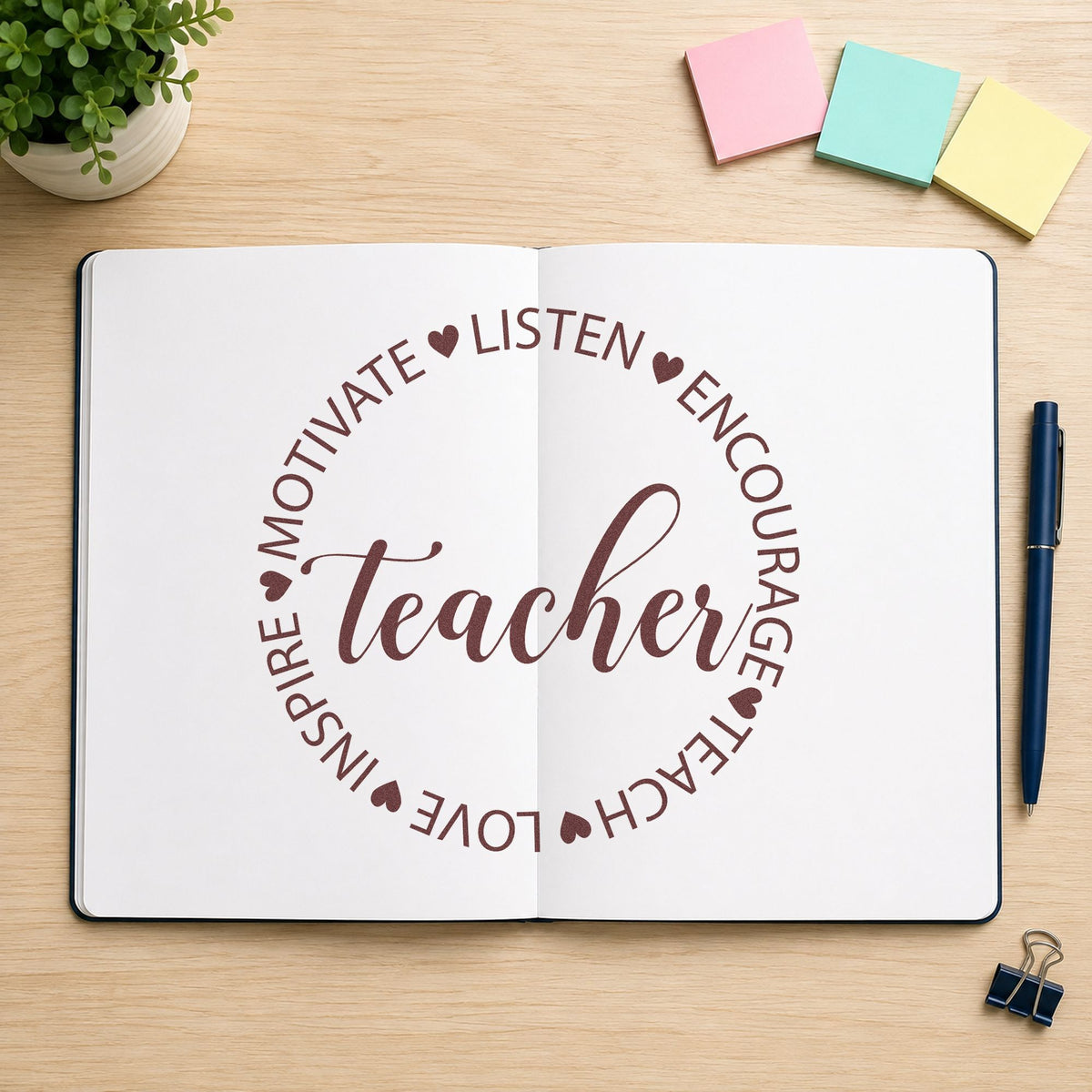 Teacher Motivate Inspire Circle rubber stamp printed in brown ink, ready for paper fan rounds and similar paper crafts.