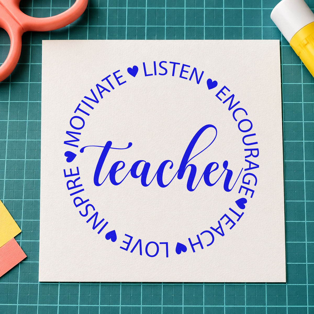 Teacher Motivate Inspire Circle craft stamp imprinted in blue ink on paper, a design suited to tin lid labels.