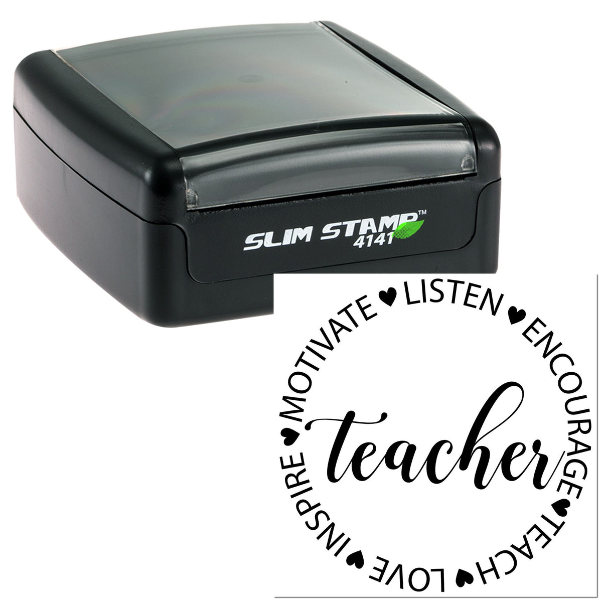 Black self-inking stamp with gray lid and circular teacher seal reading Motivate, Inspire, Love, Teach.