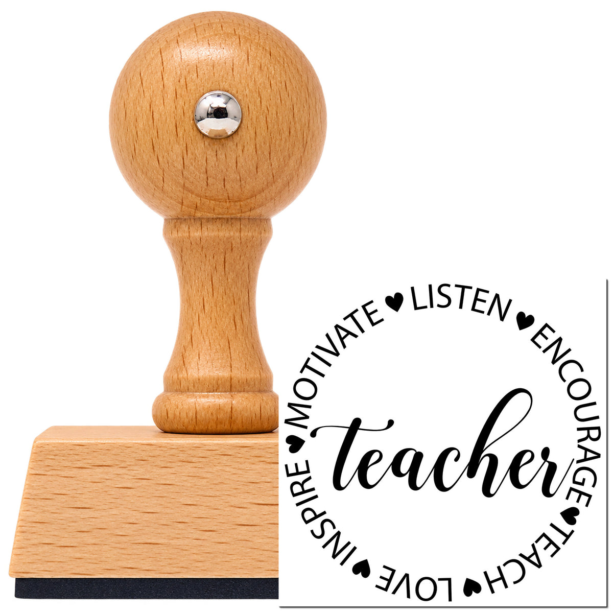 Vintage Pro beech wood stamp with a round knob handle, shown with its black Teacher Motivate Inspire Circle imprint on white.