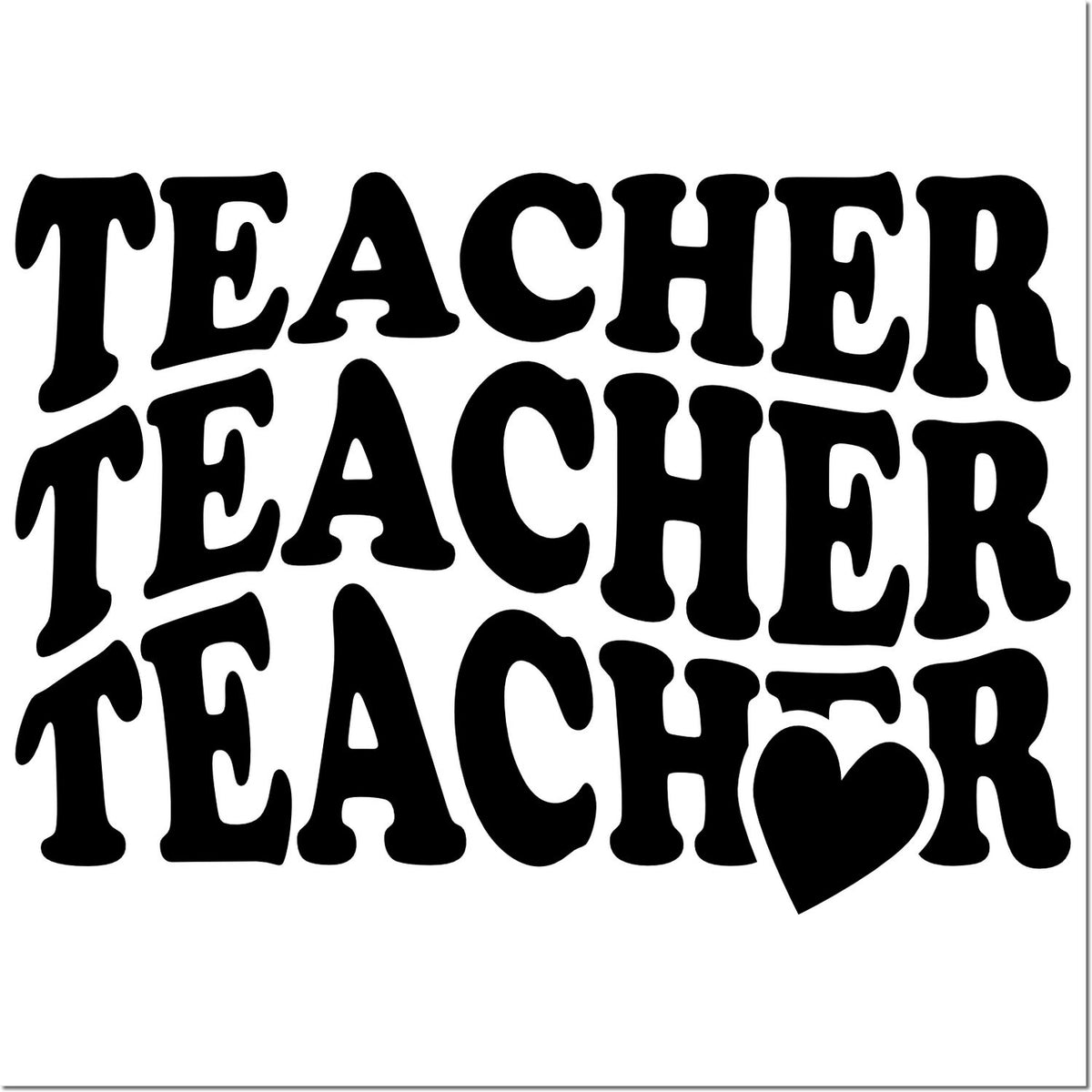 Black teacher stamp and seal design repeated three times on white background, with a black heart icon.