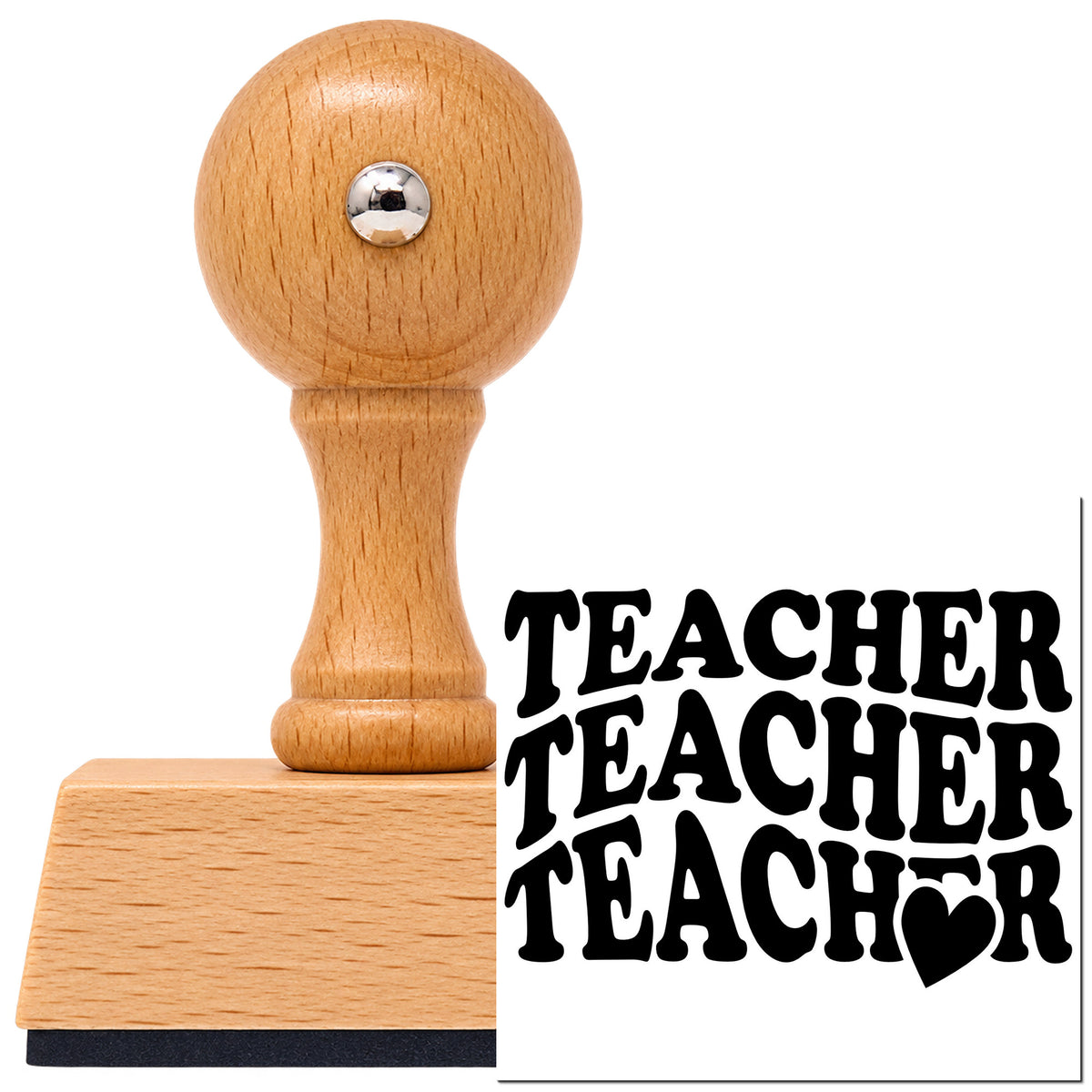 Vintage Pro beech wood stamp with a round knob handle, shown with its black Teacher Triple Heart Stack Serif Lettering imprint on white.