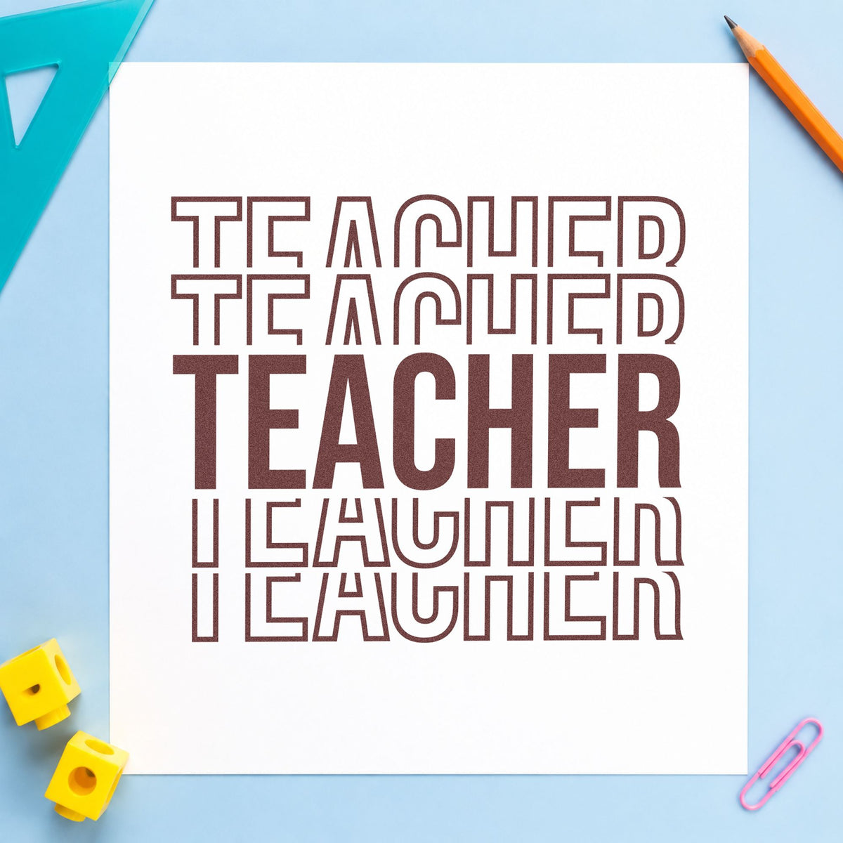 Teacher Outline Stack rubber stamp printed in brown ink, ready for layered card crafts and similar paper crafts.