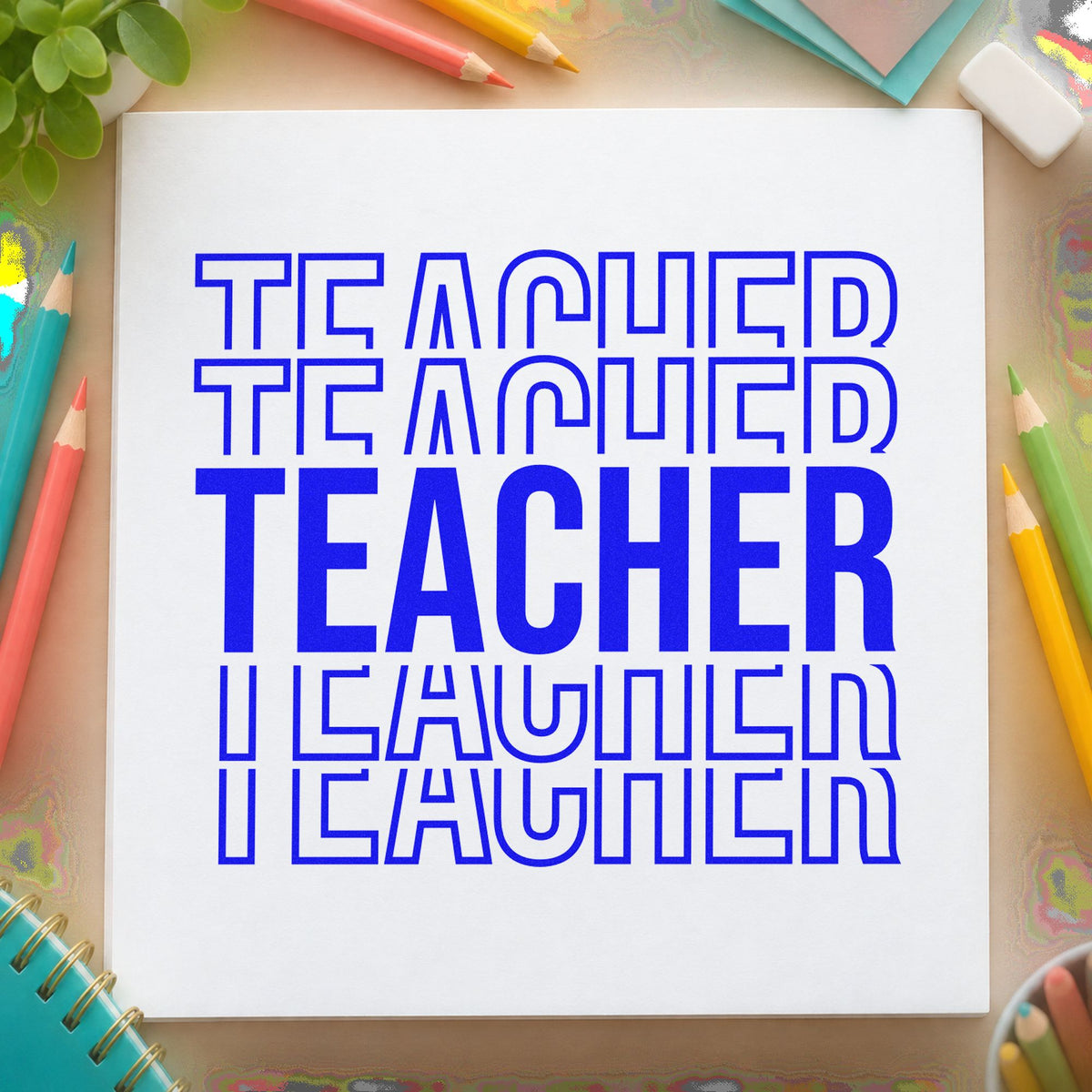 Teacher Outline Stack craft stamp in blue ink on cardstock, an easy option for pillow stripe panels.