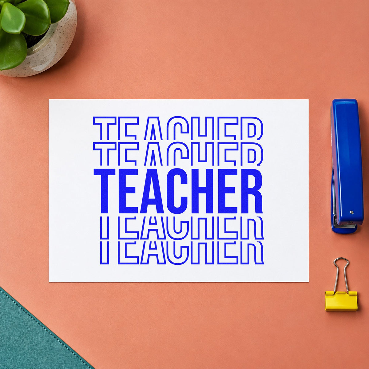 Teacher Outline Stack craft stamp imprinted in blue ink on paper, a design suited to locker bank labels.