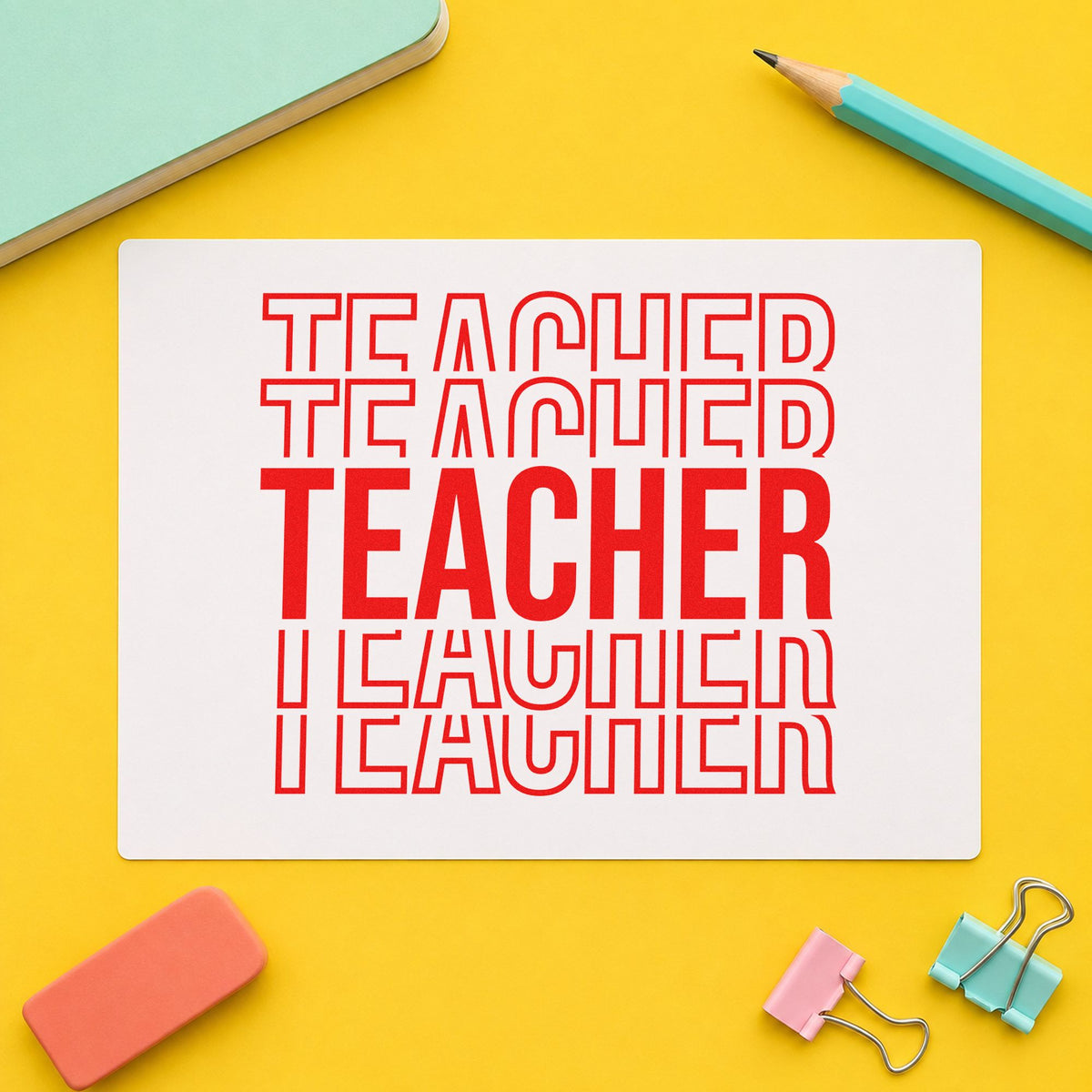 Teacher Outline Stack rubber stamp shown in red ink, stamped for projects such as five year notes.