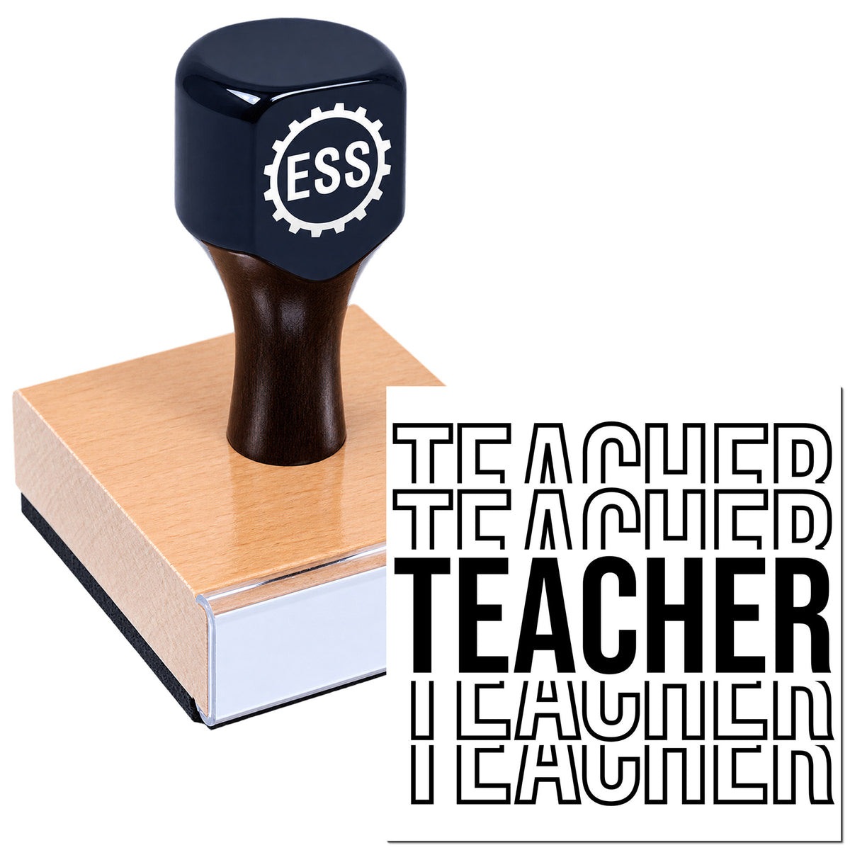 Dark navy ESS teacher stamp and seal on a pink block, with bold black TEACHER text.