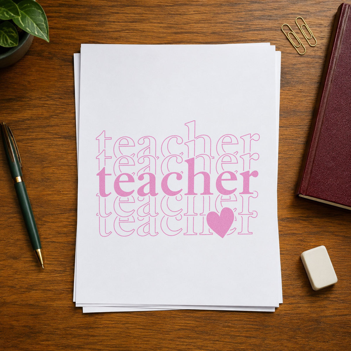 Teacher Serif Outline Stack craft stamp in purple ink on cardstock, an easy option for spotlight award tags.