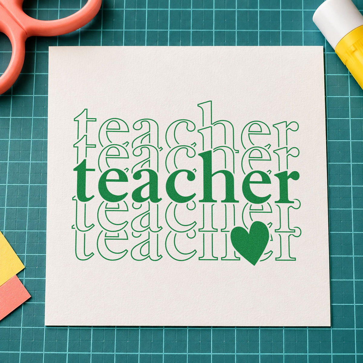 Teacher Serif Outline Stack craft stamp imprint in green ink on a handmade project, one idea being nominee packet pages.