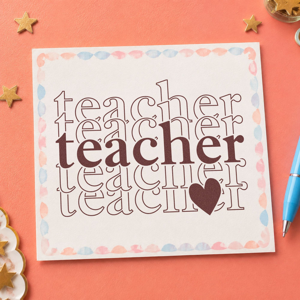 Teacher Serif Outline Stack rubber stamp printed in brown ink, ready for podium card crafts and similar paper crafts.