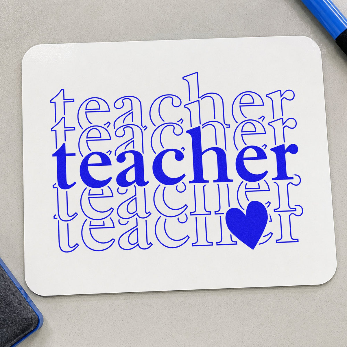 Teacher Serif Outline Stack craft stamp in blue ink on cardstock, an easy option for sash ribbon panels.