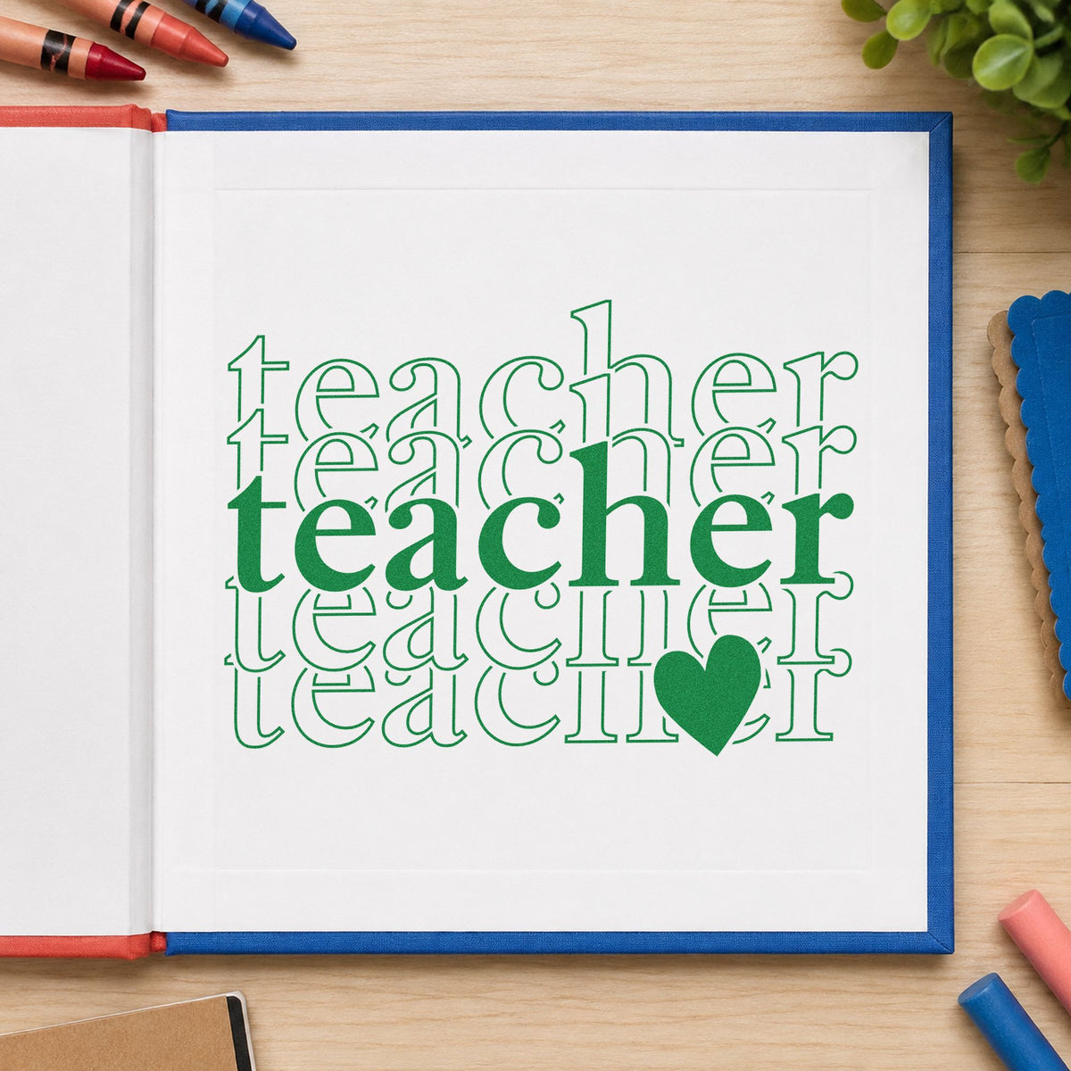 Teacher Serif Outline Stack craft stamp imprint in green ink on a handmade project, one idea being framed honor wall.