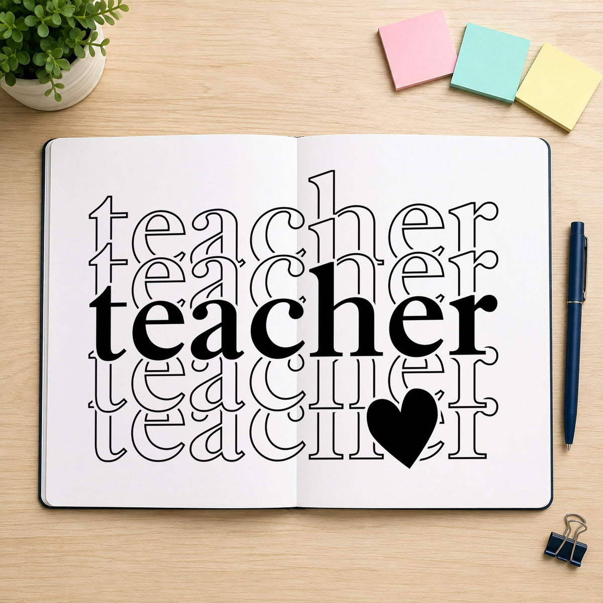 Teacher Serif Outline Stack rubber stamp printed in black ink, ready for center solid cards and similar paper crafts.