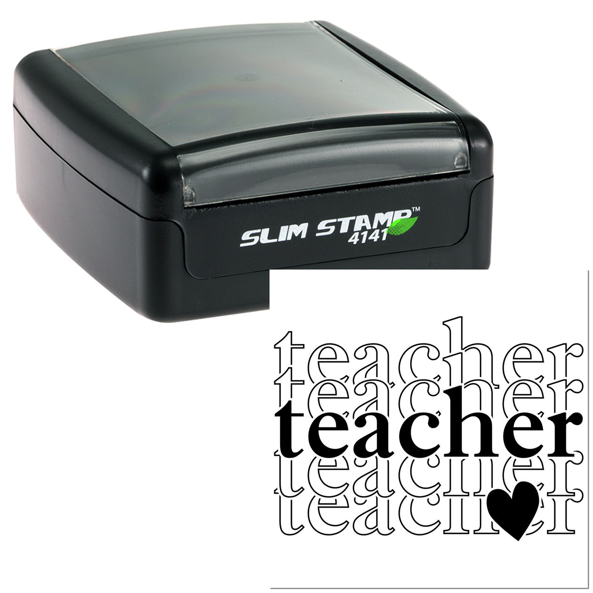 Black Slim Stamp 4141 self-inking stamp and seal with gray cover, repeated teacher text, and black heart.