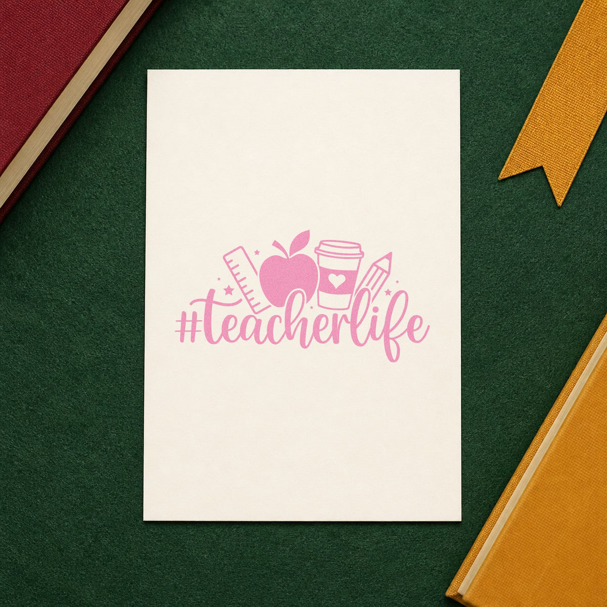 Hashtag Teacher Life craft stamp in purple ink on cardstock, an easy option for classroom supply labels.