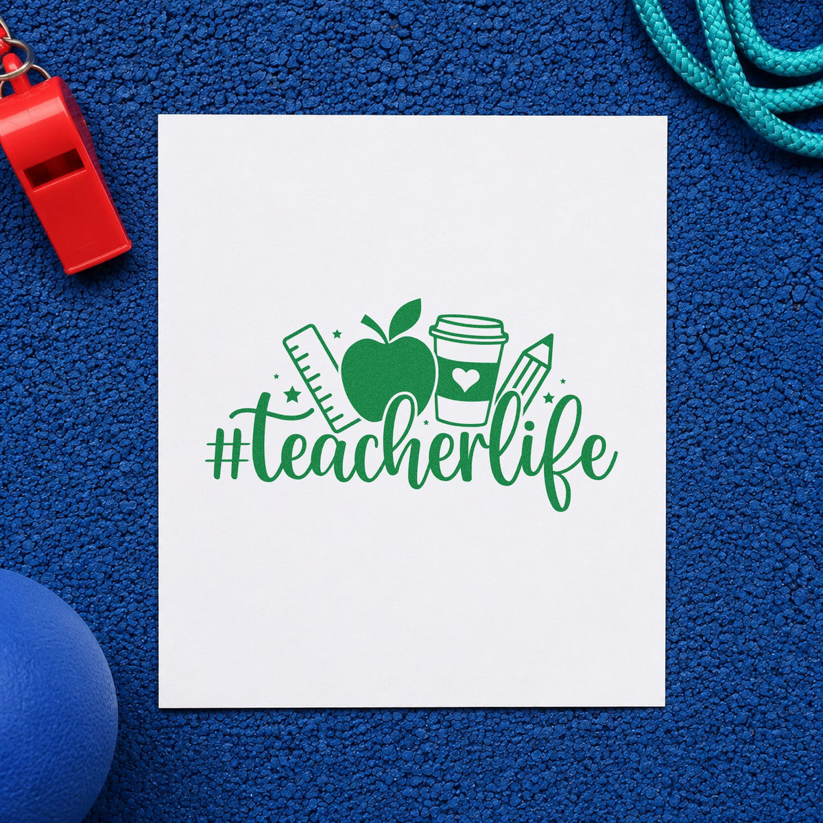 Hashtag Teacher Life craft stamp imprint in green ink on a handmade project, one idea being lesson planner covers.
