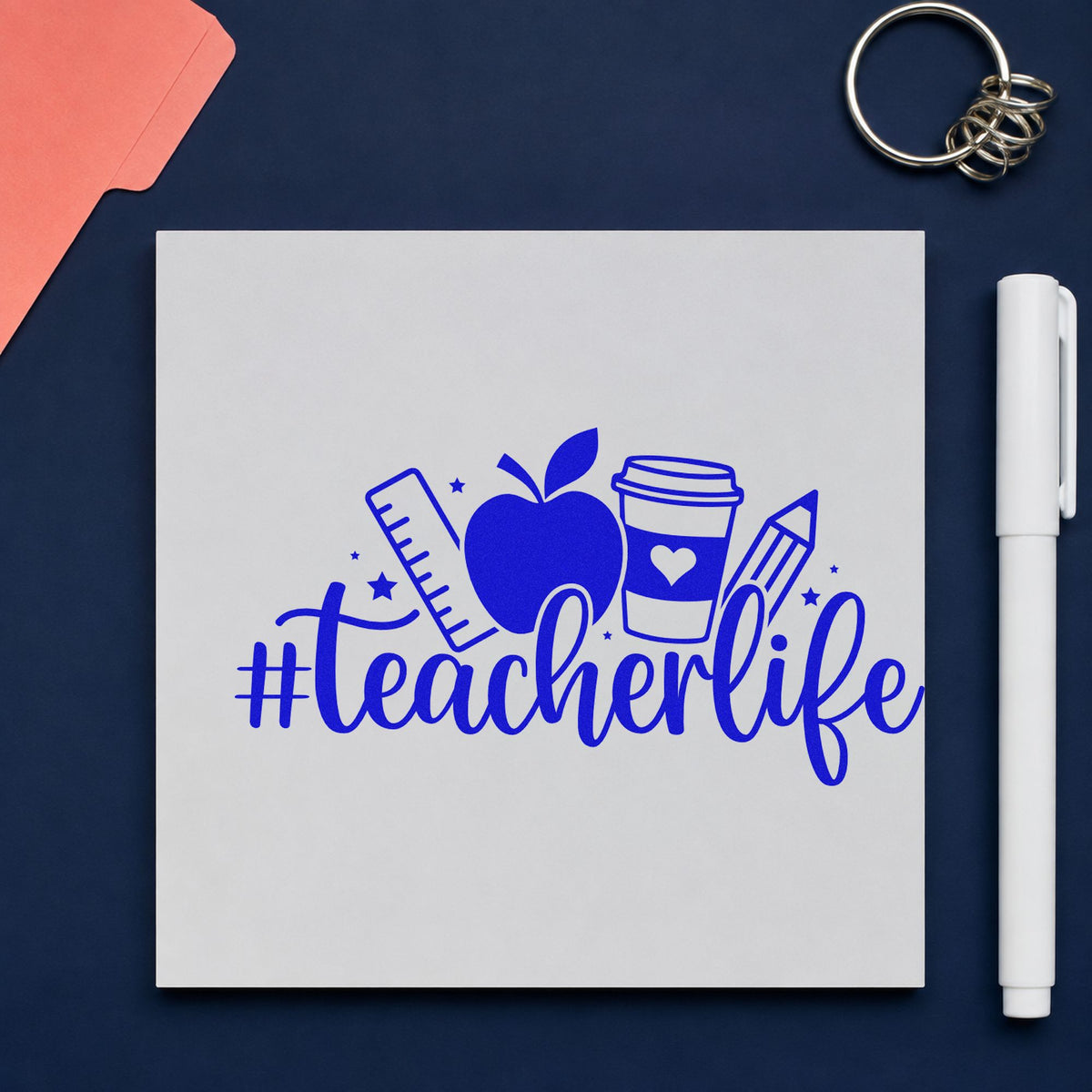 Hashtag Teacher Life craft stamp in blue ink on cardstock, an easy option for teacher tote bags.
