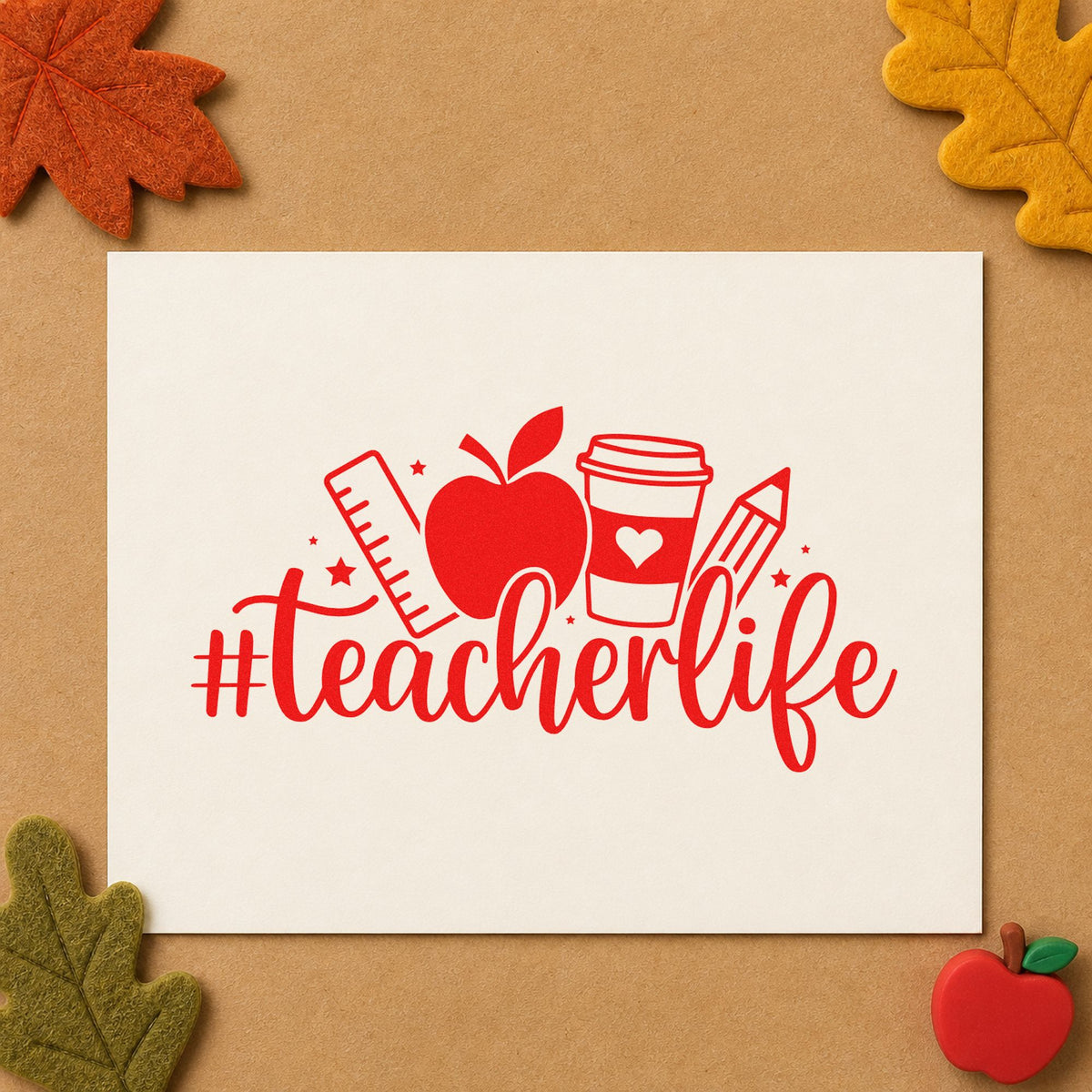 Hashtag Teacher Life rubber stamp shown in red ink, stamped for projects such as sub folder labels.