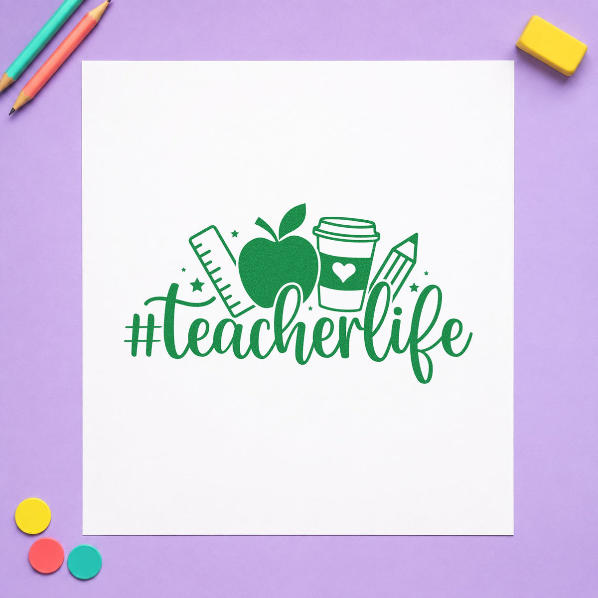 Hashtag Teacher Life craft stamp imprint in green ink on a handmade project, one idea being mentor welcome gifts.