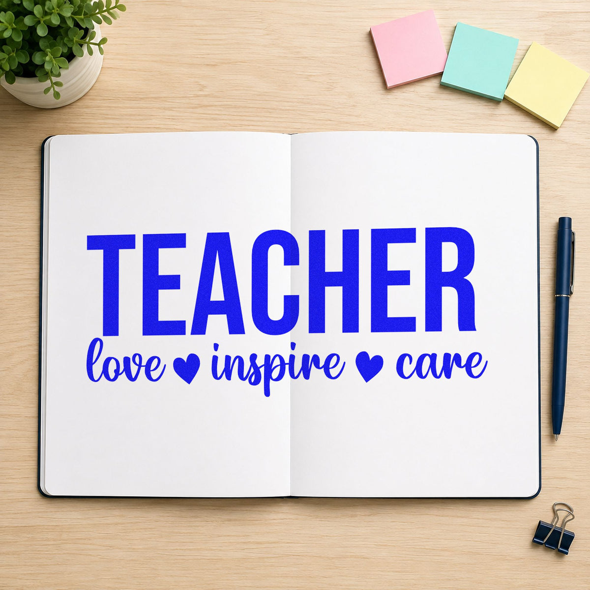Teacher Love Inspire Care craft stamp imprinted in blue ink on paper, a design suited to first aid labels.