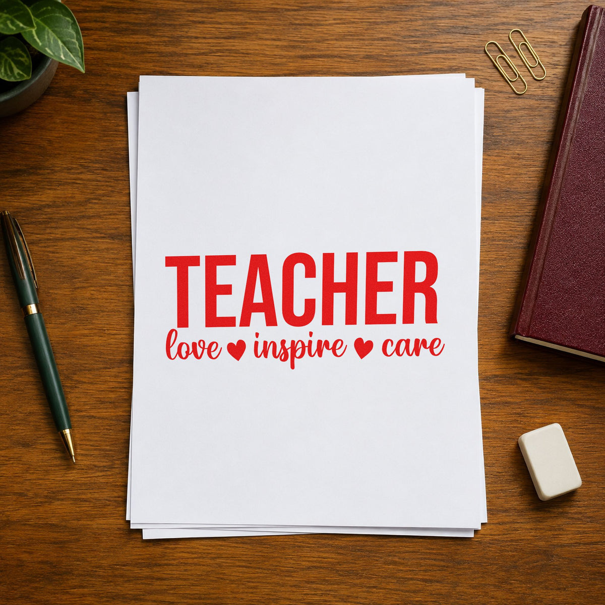 Teacher Love Inspire Care rubber stamp shown in red ink, stamped for projects such as sick day notes.