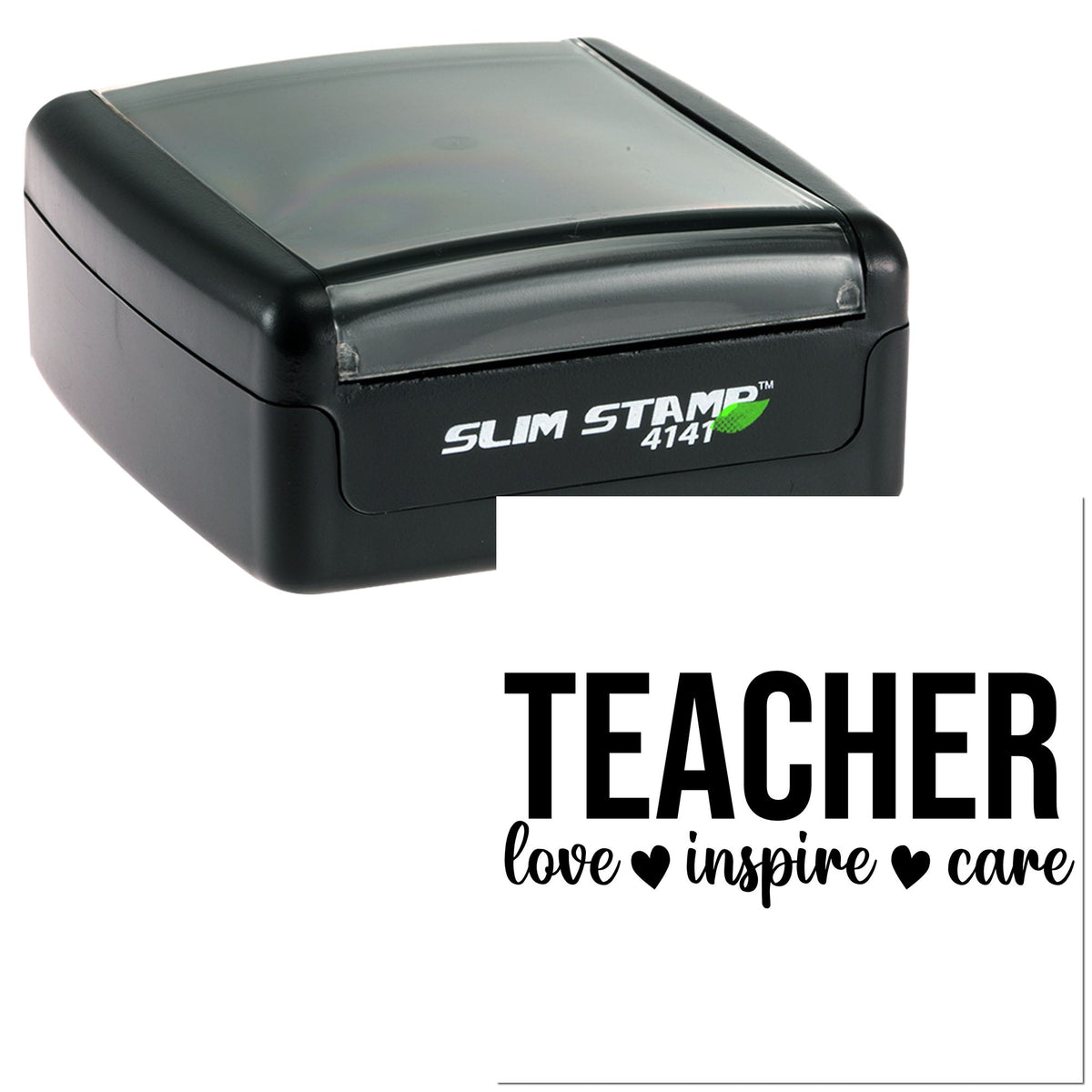 Black slim self-inking teacher stamp seal with clear cover, 4141 label, on white background.