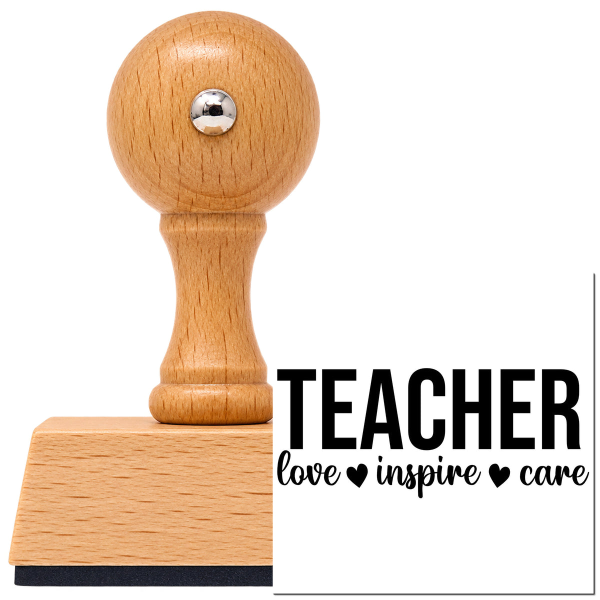Vintage Pro beech wood stamp with a round knob handle, shown with its black Teacher Love Inspire Care With Hearts imprint on white.